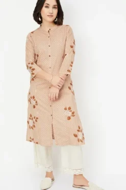 Beige Floral-Patterned Straight Kurta – Subtle Elegance for Everyday Wear