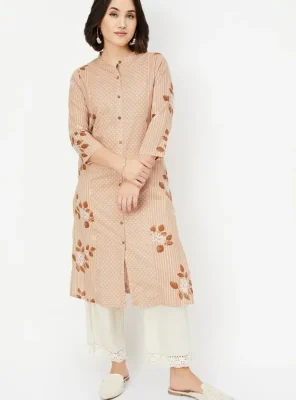 Beige Floral-Patterned Straight Kurta – Subtle Elegance for Everyday Wear