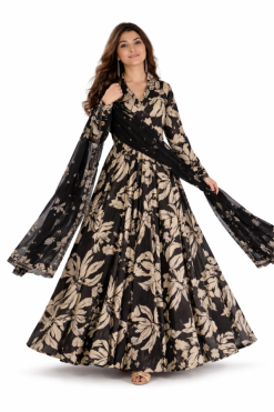 Women’s Black Floral Anarkali Suit Set – Statement Print with Sheer Dupatta