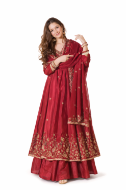 Women’s Maroon Embroidered Anarkali Suit Set – Rich Floral Detailing with