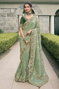Light Green & Gold Zari Embroidered Silk Saree