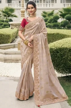Beige & Red Zari Embroidered Silk Saree