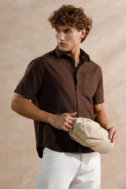 Men’s Solid Coffee Brown Casual Short Sleeve Shirt