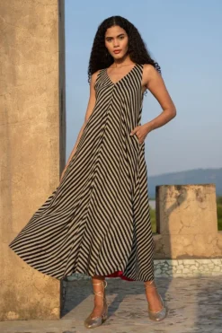 Black & Beige Striped A-Line Maxi Dress with Side Pockets