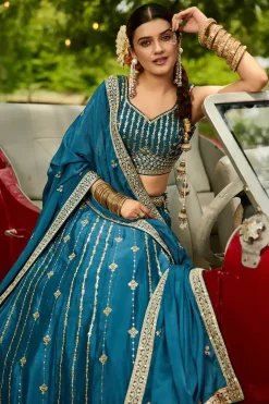 Elegant Teal Blue Embroidered Lehenga Choli Set – Radiate Grace and Grandeur