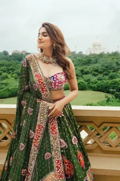 Green Mirror Work Embroidered Navratri Lehenga Choli Set with Designer Dupatta