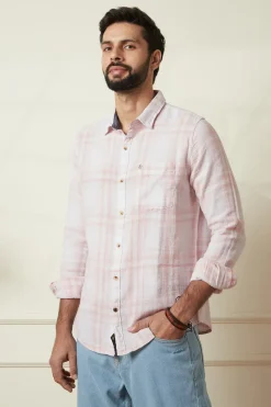 Men’s Soft Pink & White Checkered Casual Linen Shirt