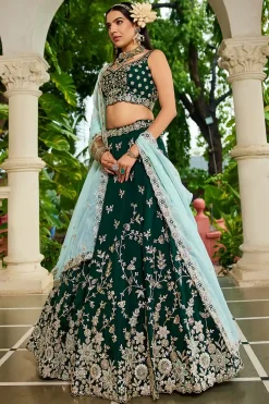 Royal Dark Green Floral Embroidered Lehenga Choli Set – A Regal Affair of Elegance