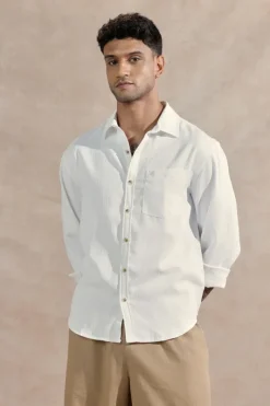 Men’s Classic White Textured Cotton Long Sleeve Shirt